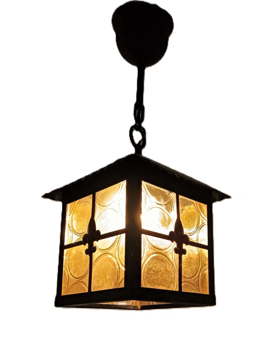 Hall Lamp Chandelier Amber  Glass Wrought Iron Vintage Hanging Light 1 Light Fix photo 179.0