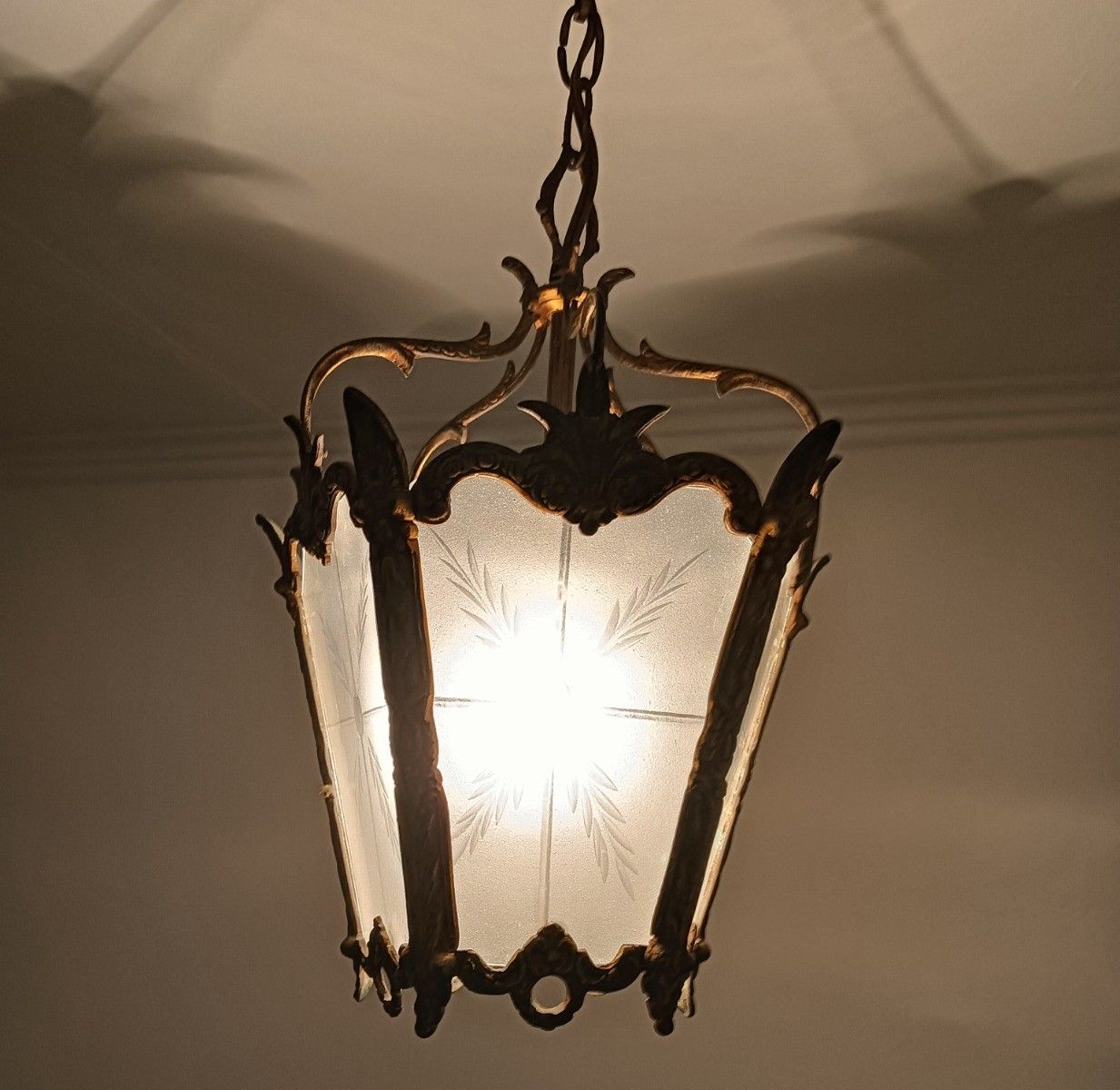 photo for sale Hall Lamp Chandelier Etched  Glass  Vintage Hanging Light 1 Light Fixture