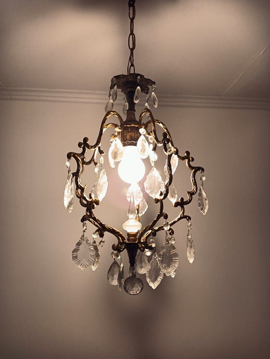 photo for sale Vintage Chandelier Pendant Hall Lamp Crystal Prisms 1 Light Ceiling Fixture