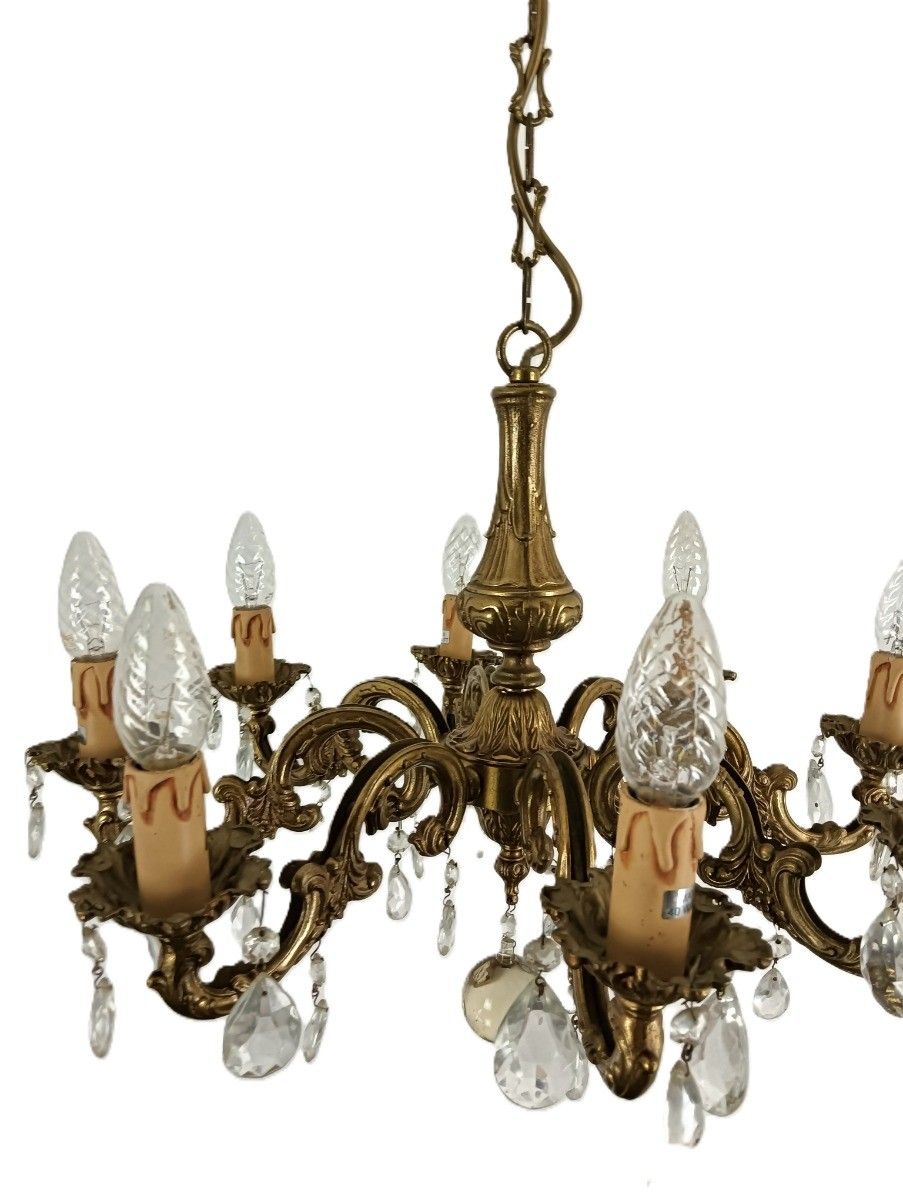 Vintage Chandelier Fixture 8 Arm Small Brass Crystal Prisms photo vinterior