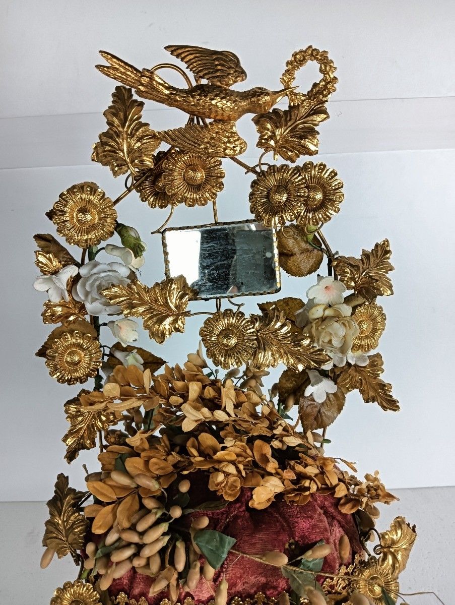 Oval Antique 1800s Victorian French Bridal Wedding Glass Dome Gold Ormulu Gilt B photo for sale