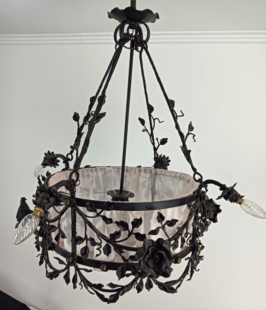 Antique Wrought Cast Iron Decorative Art Deco Chandelier Flowers  Van Boeckel St photo vinterior