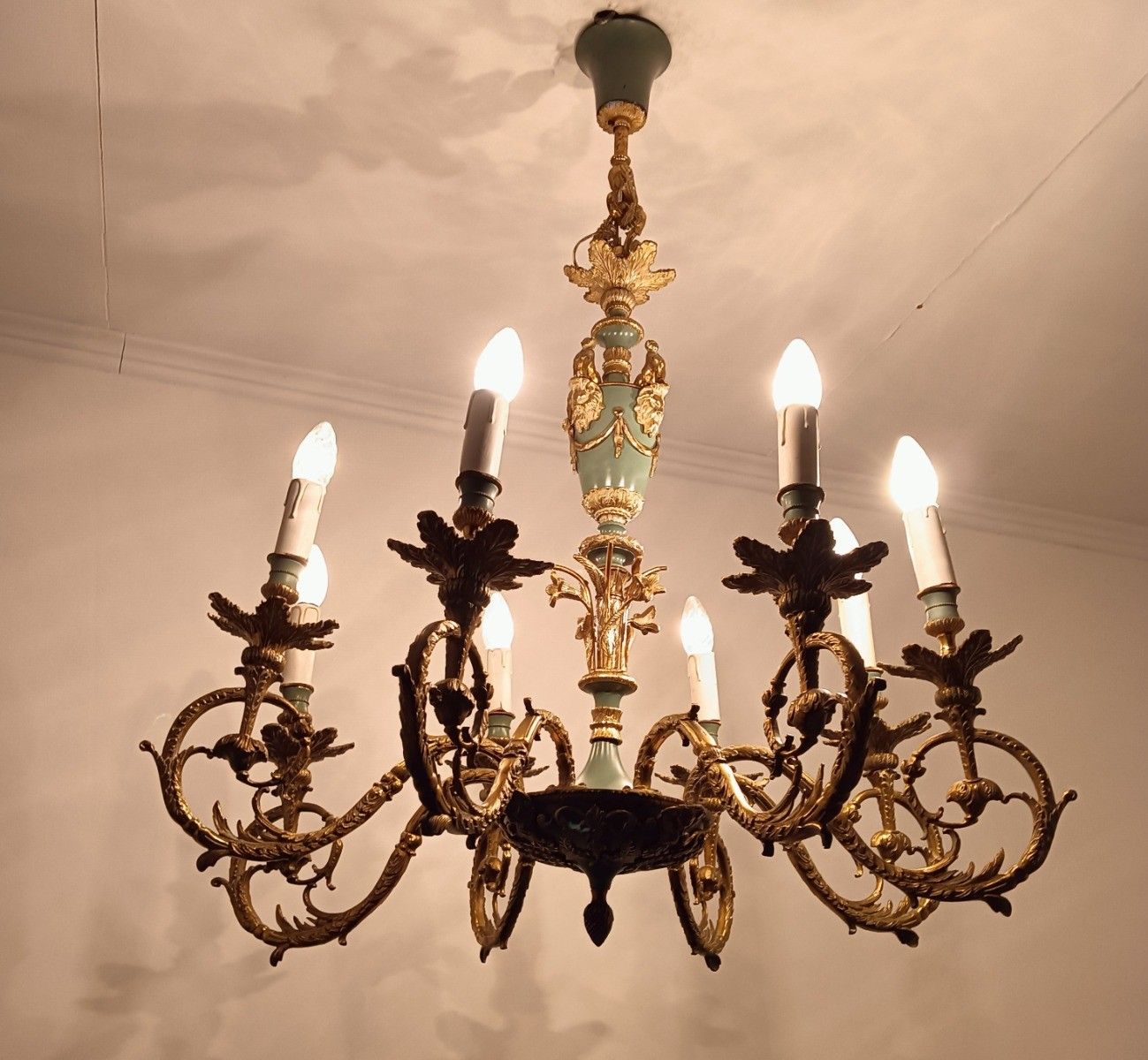photo for sale Vintage French Empire Chandelier Bronze 8 Arm Green Gold Impressive
