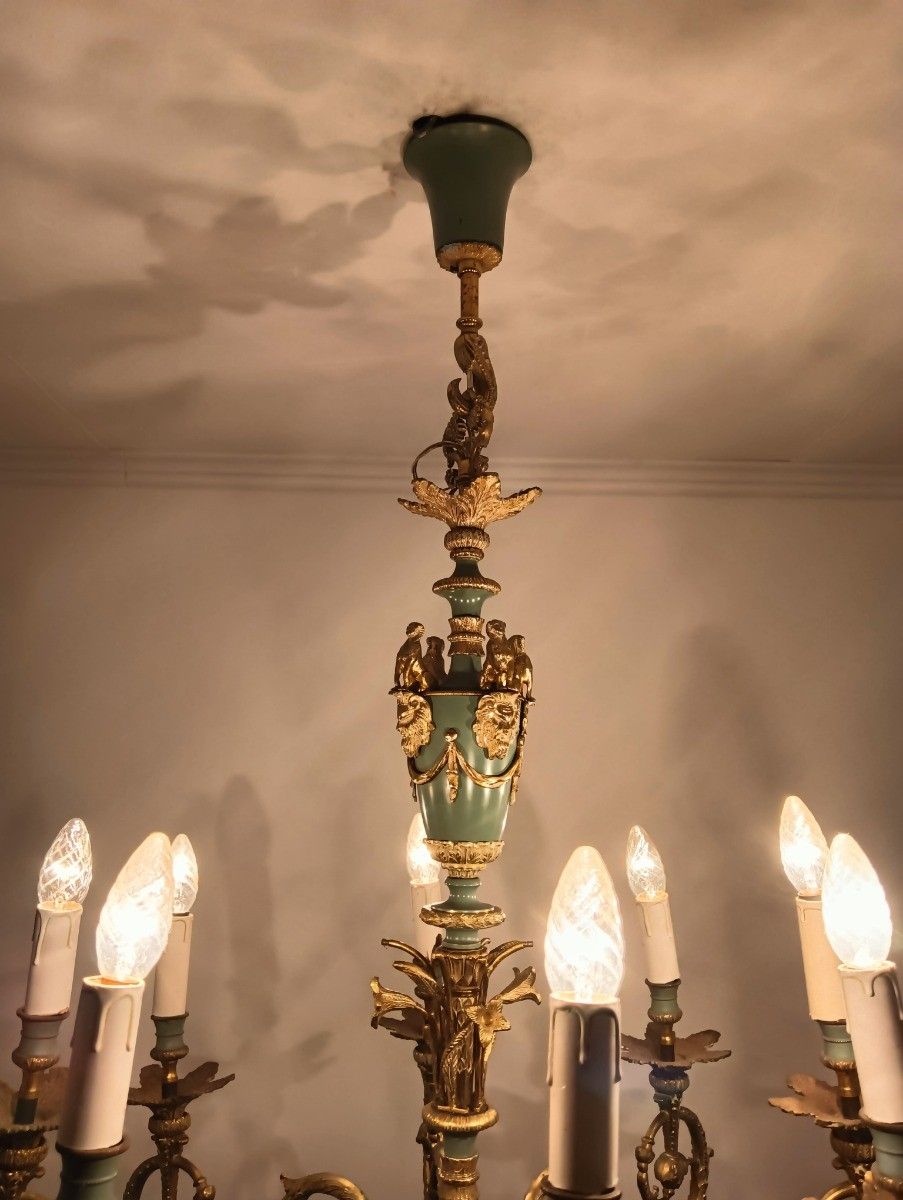 2236.0 Vintage French Empire Chandelier Bronze 8 Arm Green Gold Impressive photo