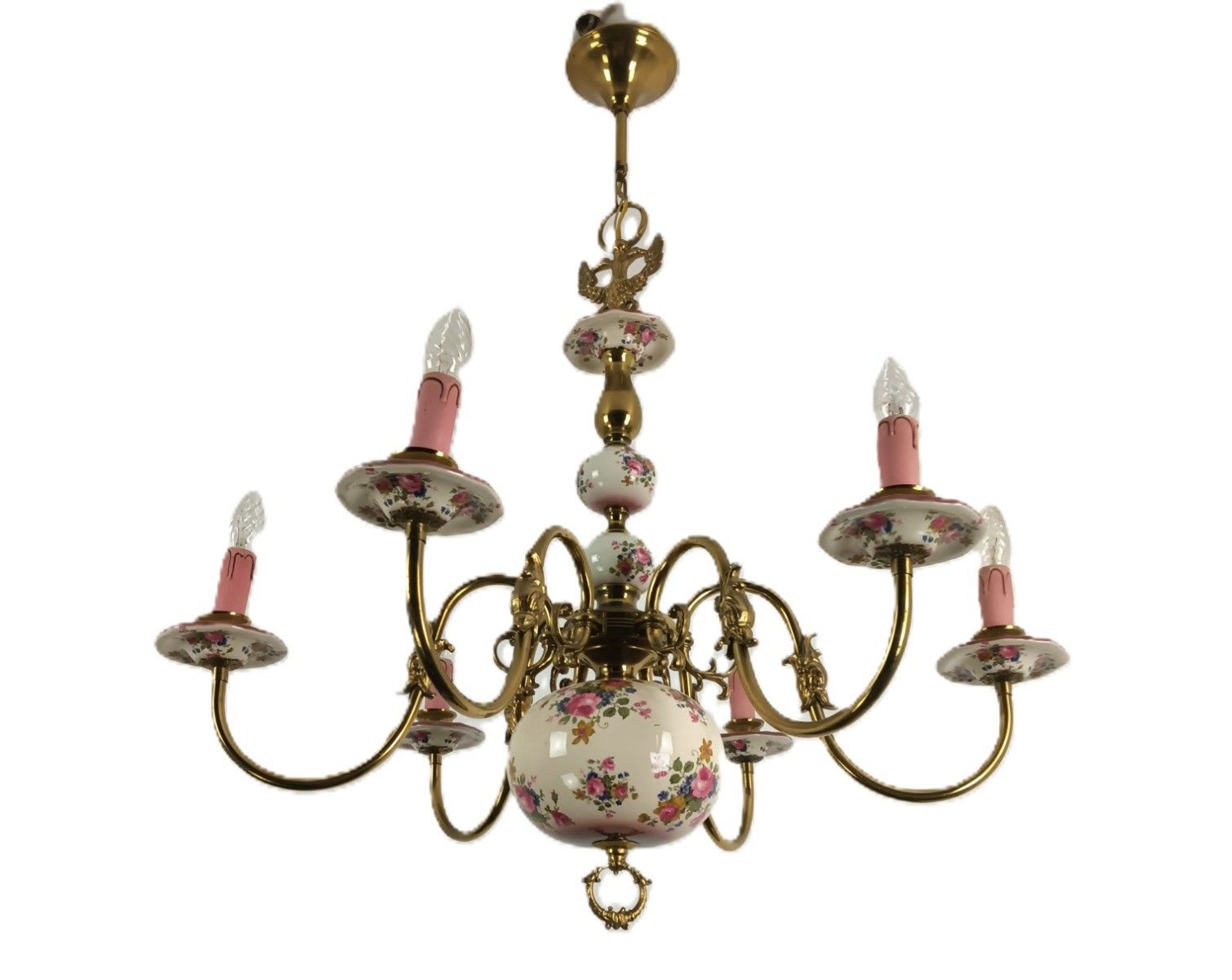 Chandelier Italy Pink Flowers Porcelain 6 Lights Arm Vintage  Brass Farmhouse photo furniture