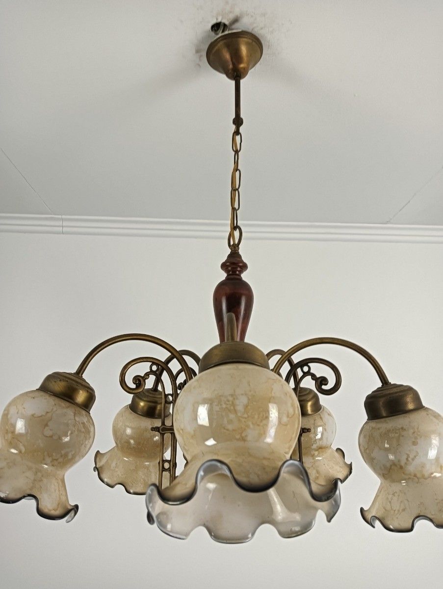 Vintage Chandelier 5 Arm Lights Wood Art Glass Tulip Shades photo for sale