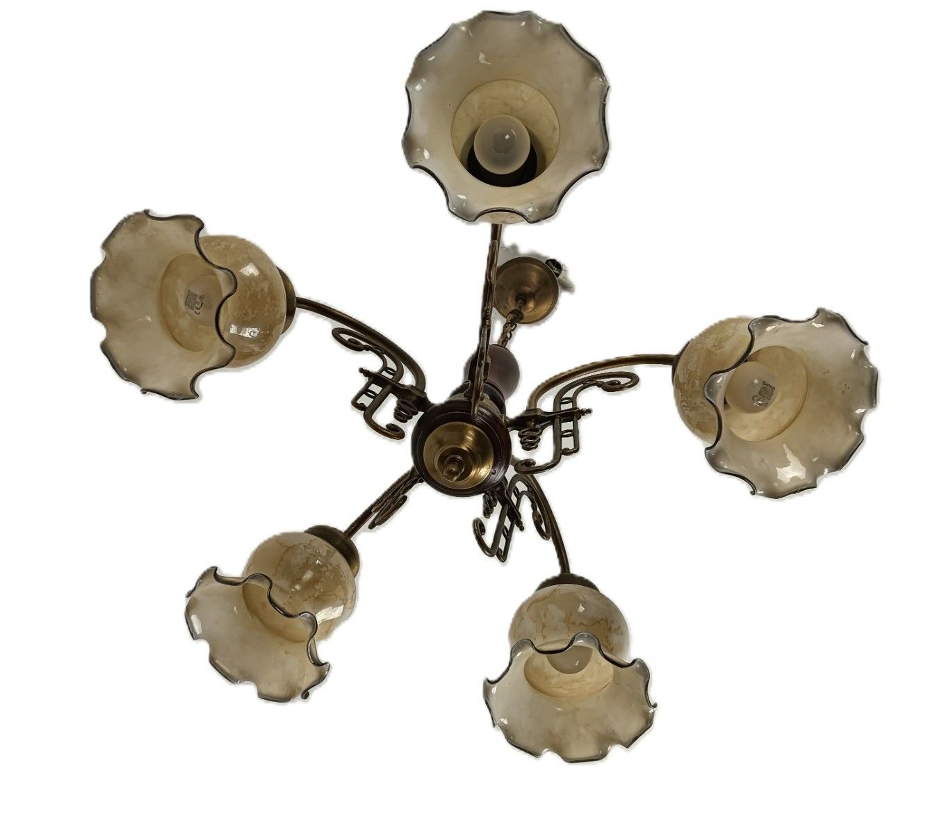 Vintage Chandelier 5 Arm Lights Wood Art Glass Tulip Shades photo vintage