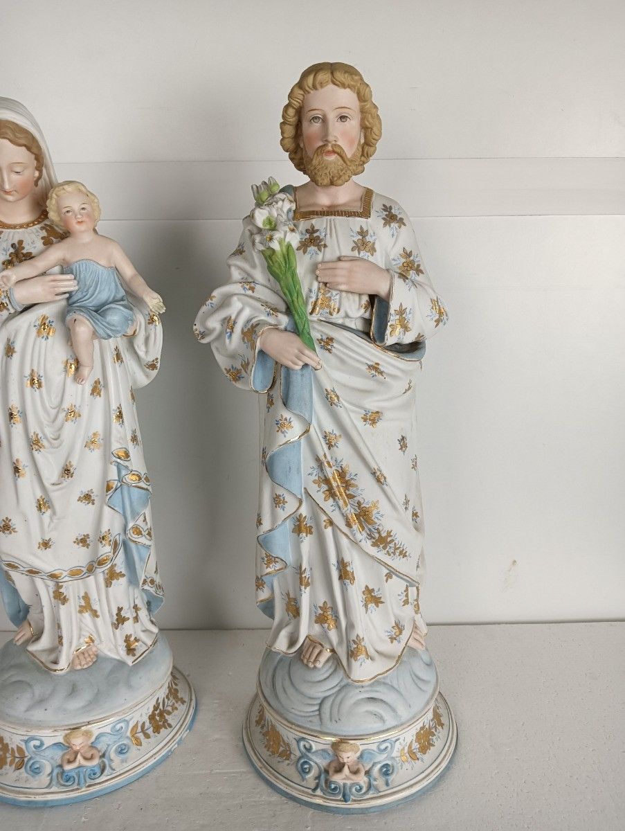 French Antique Bisque Statues Virgin Mary  Infant Jesus Joseph  Pair Stunning La photo 894.0