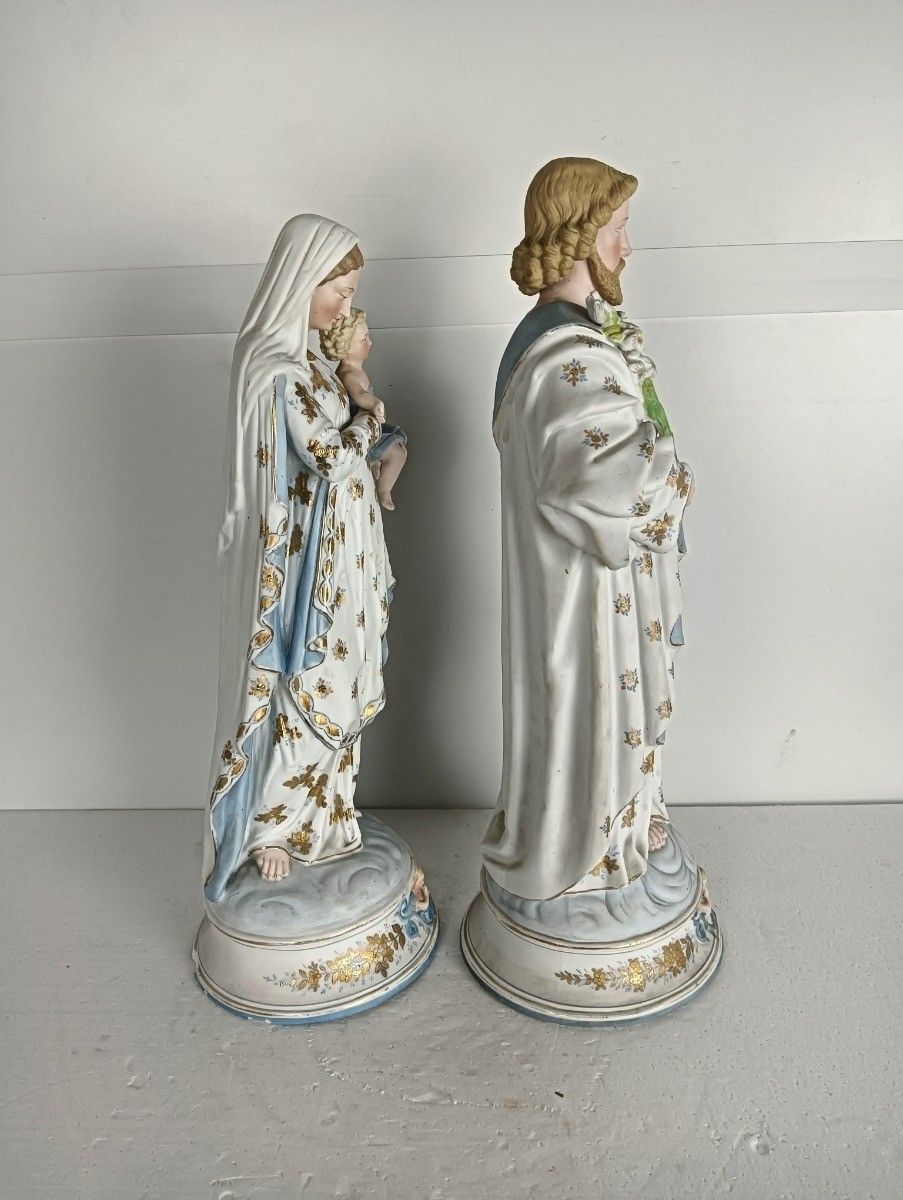 French Antique Bisque Statues Virgin Mary  Infant Jesus Joseph  Pair Stunning La photo buy