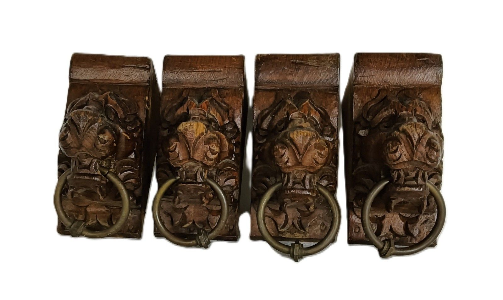 Antique Set Of 4 Corbels Hand Carved Wood Pediments Architectural Lion Heads Wit photo furniture