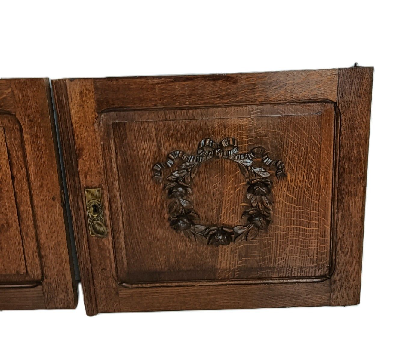 Pair Antique Door Panels Carved Wood Flower Wreath Architectural Reclaimed Salva photo 358.0