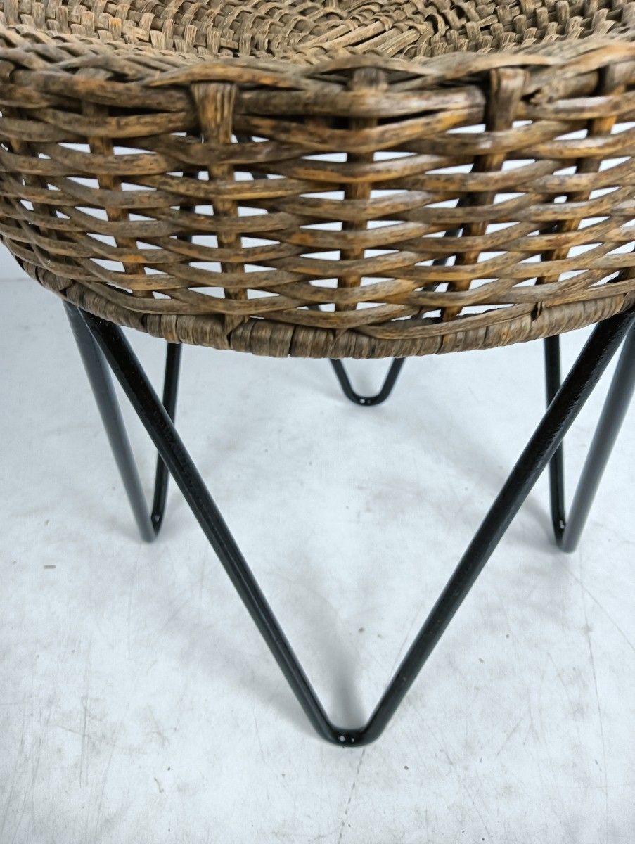 Vintage Rattan Wicker Wrought Iron Small Chair Pedestal Plant Stand Japandi Styl photo Home Decor