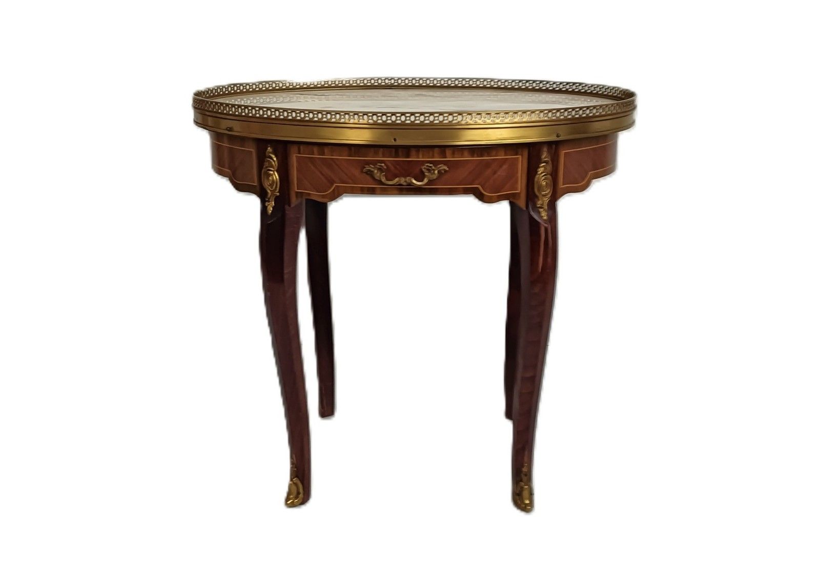 Vintage Italian Inlay Marquetry Wood Hallway Table Marble Top Brass Trims photo for sale