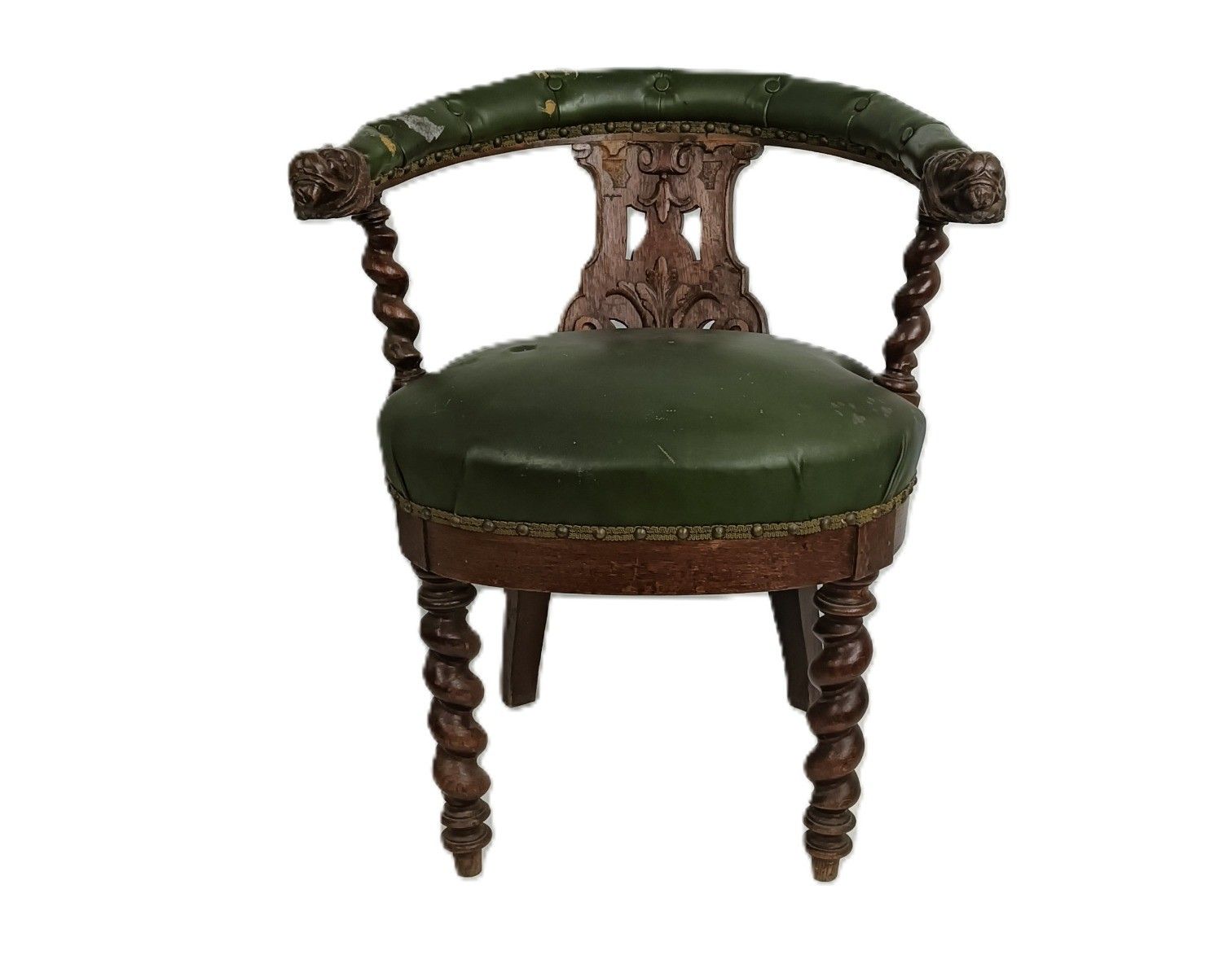Antique Barley Twist Hand Carved Wood Chair Leather Seating Ornate Lion Heads  1