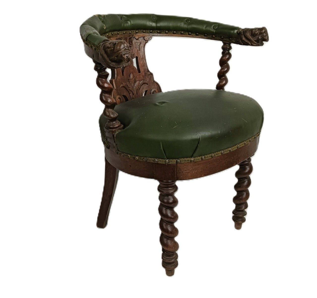 Antique Barley Twist Hand Carved Wood Chair Leather Seating Ornate Lion Heads  1 photo furniture