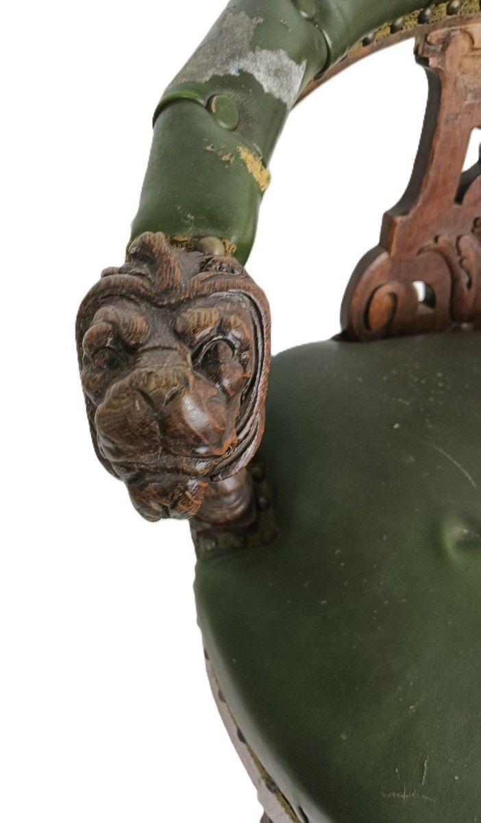 Antique Barley Twist Hand Carved Wood Chair Leather Seating Ornate Lion Heads  1 photo Furniture