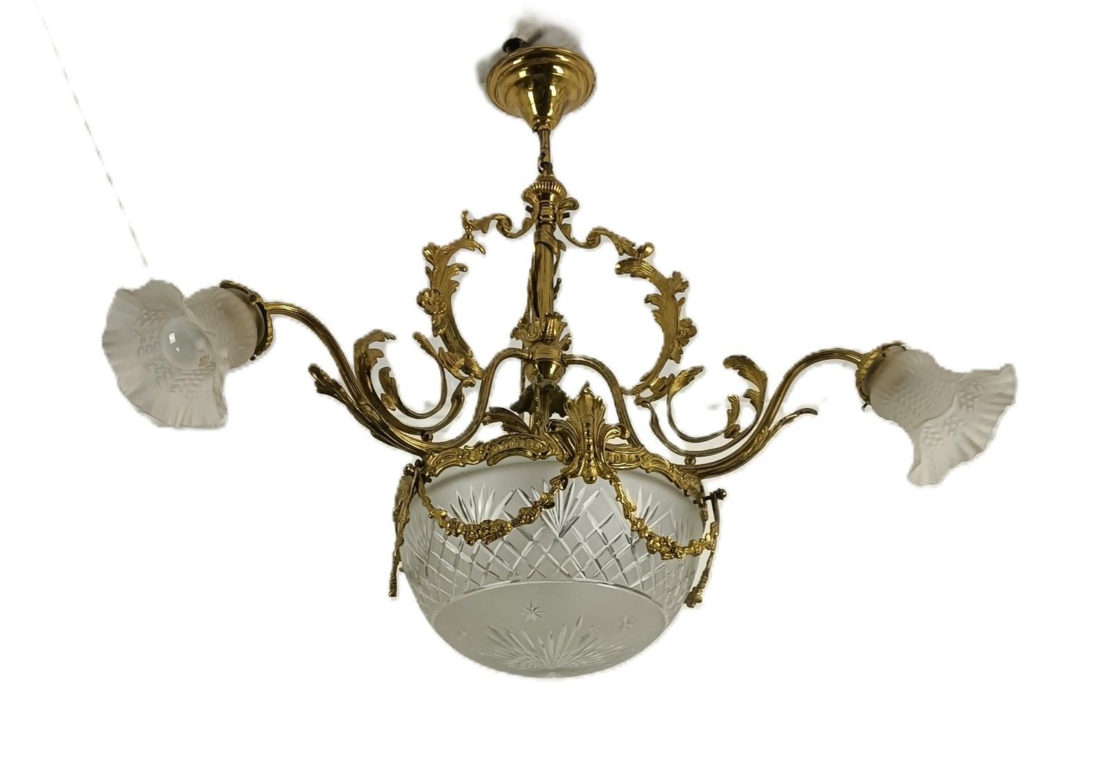 Art Deco Chandelier Antique Etched Glass Brass Tulip Shades  4 Lights Guirlandes photo for sale