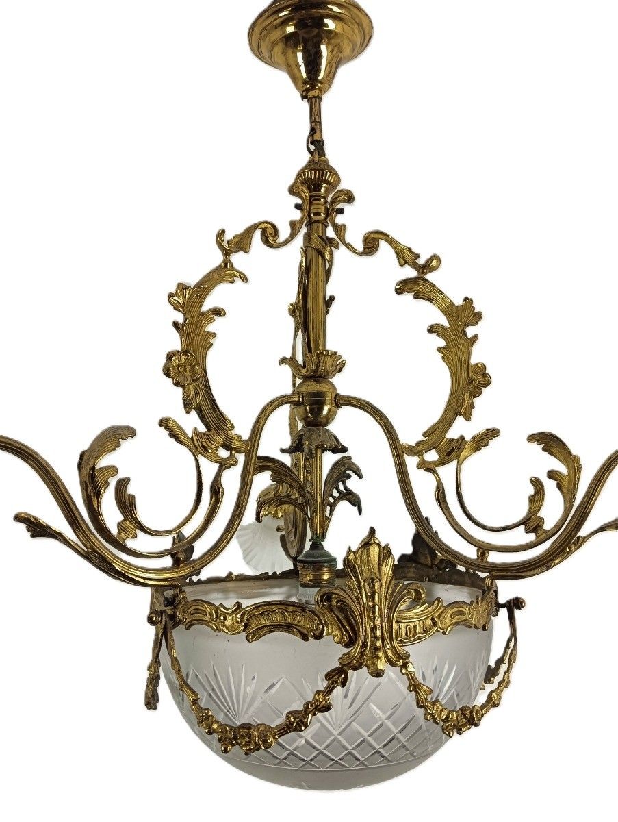Art Deco Chandelier Antique Etched Glass Brass Tulip Shades  4 Lights Guirlandes photo 894.0