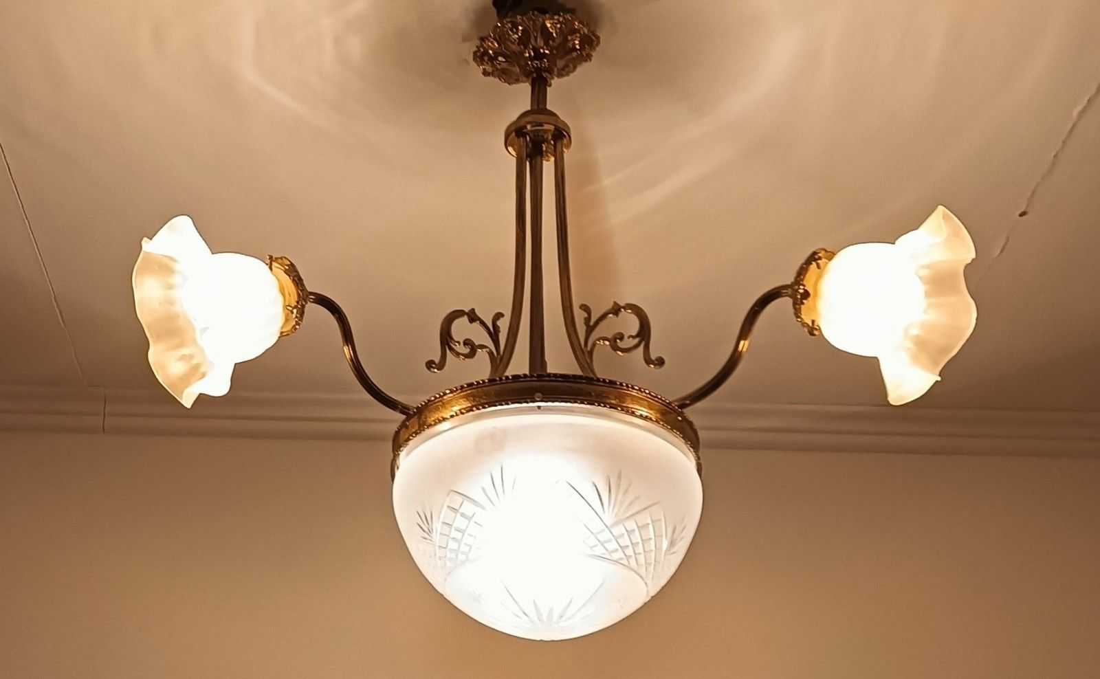 photo for sale Art Deco Antique Chandelier 4 Lights 3 Arm Decorative Etched Glass French Empire