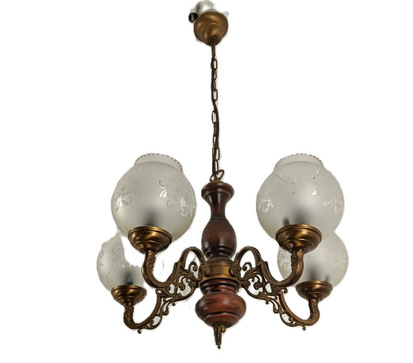 Vintage Chandelier 5 Arm Lights Wood Etched Art Glass Shades Fixture photo furniture