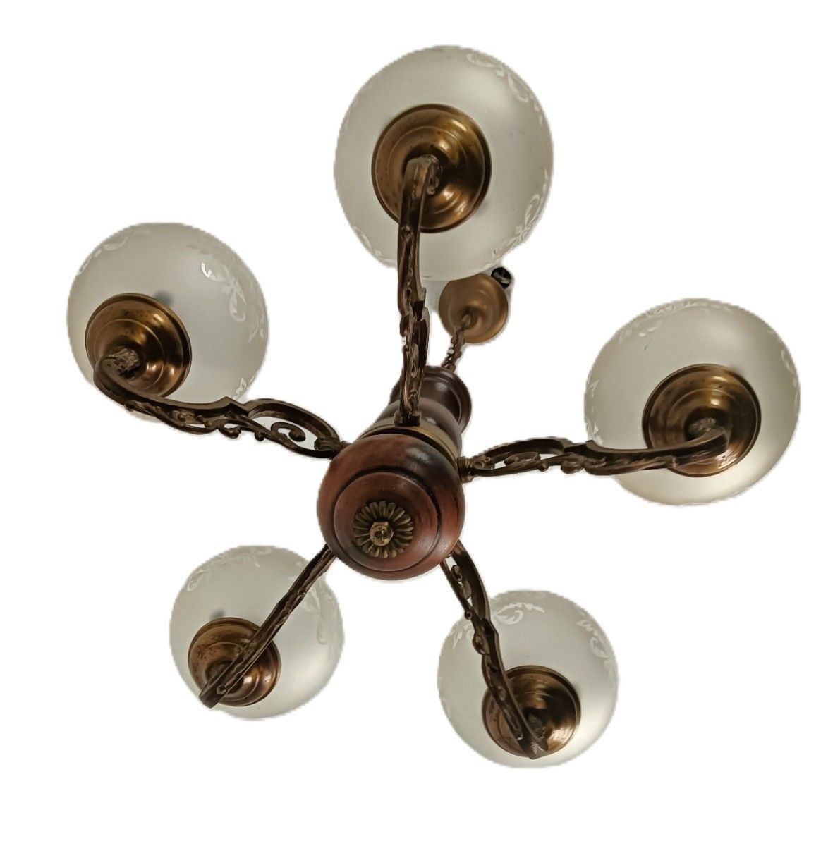 Vintage Chandelier 5 Arm Lights Wood Etched Art Glass Shades Fixture photo Lighting