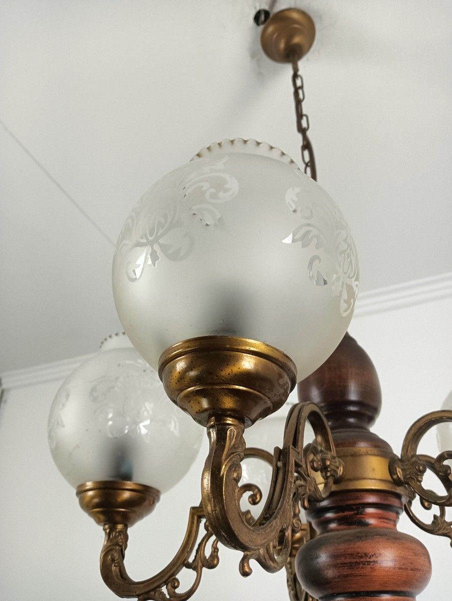 Vintage Chandelier 5 Arm Lights Wood Etched Art Glass Shades Fixture photo 492.0