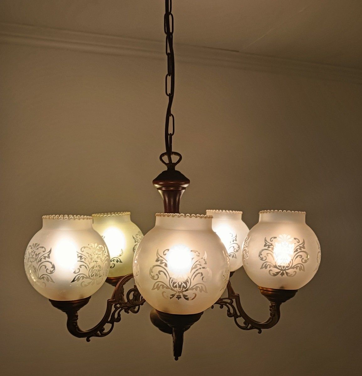 photo for sale Vintage Chandelier 5 Arm Lights Wood Etched Art Glass Shades Fixture
