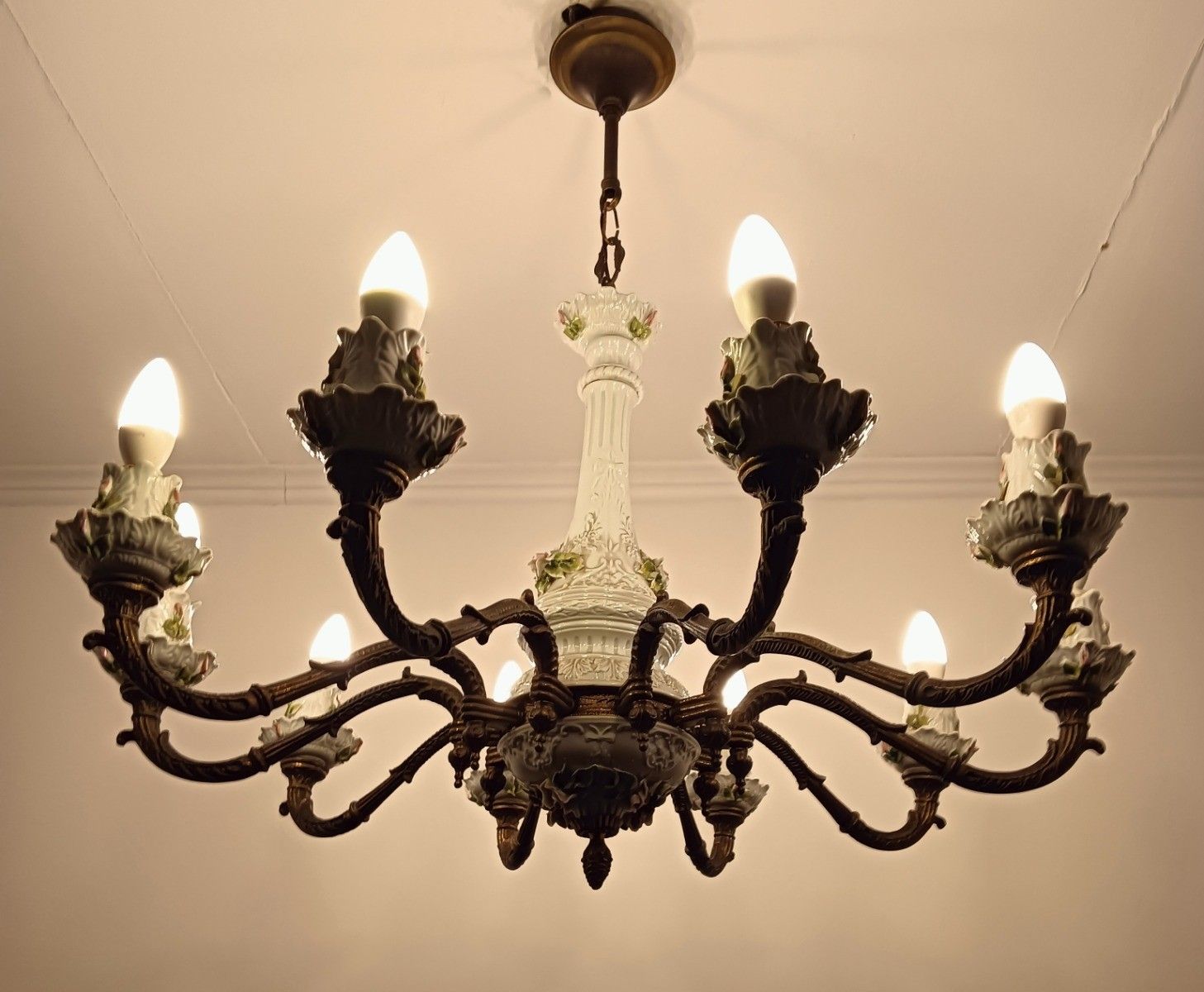 photo for sale Capodimonte Porcelain Bronze Chandelier 10 Arm Lights, White, Italy Vintage