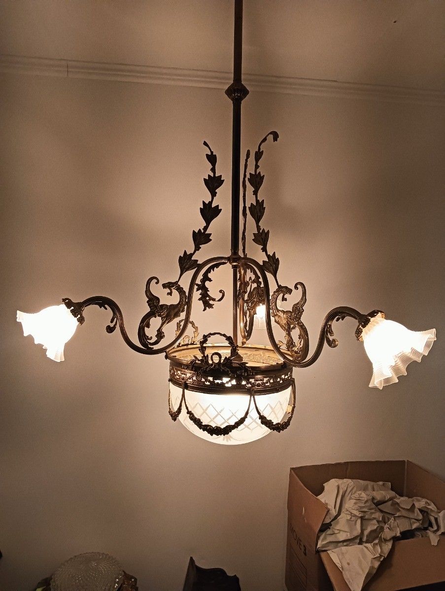 photo vinterior Large Art Deco Antique Chandelier 4 Lights 3 Arm Decorative Etched Glass French