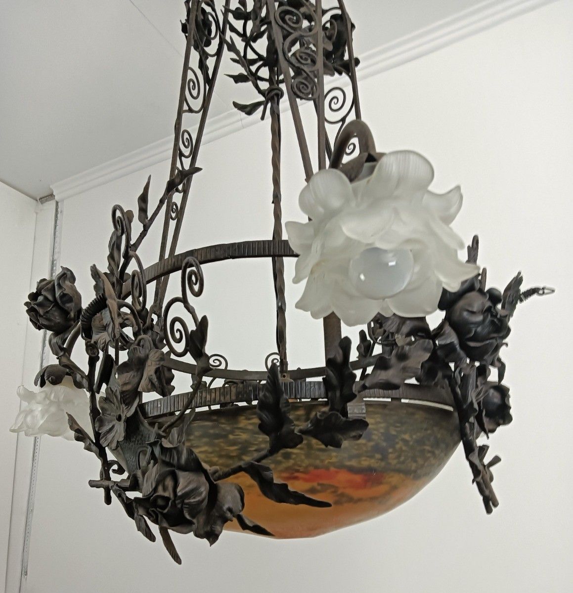 Large Wrought Iron Pate De Verre Shade 3 Arm 4 Lights Exquisite Antique Art Deco photo Lighting