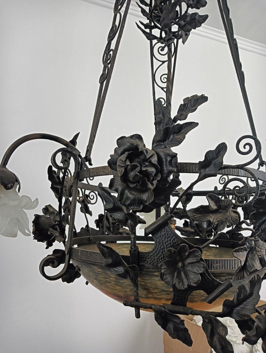Large Wrought Iron Pate De Verre Shade 3 Arm 4 Lights Exquisite Antique Art Deco photo 2459.0