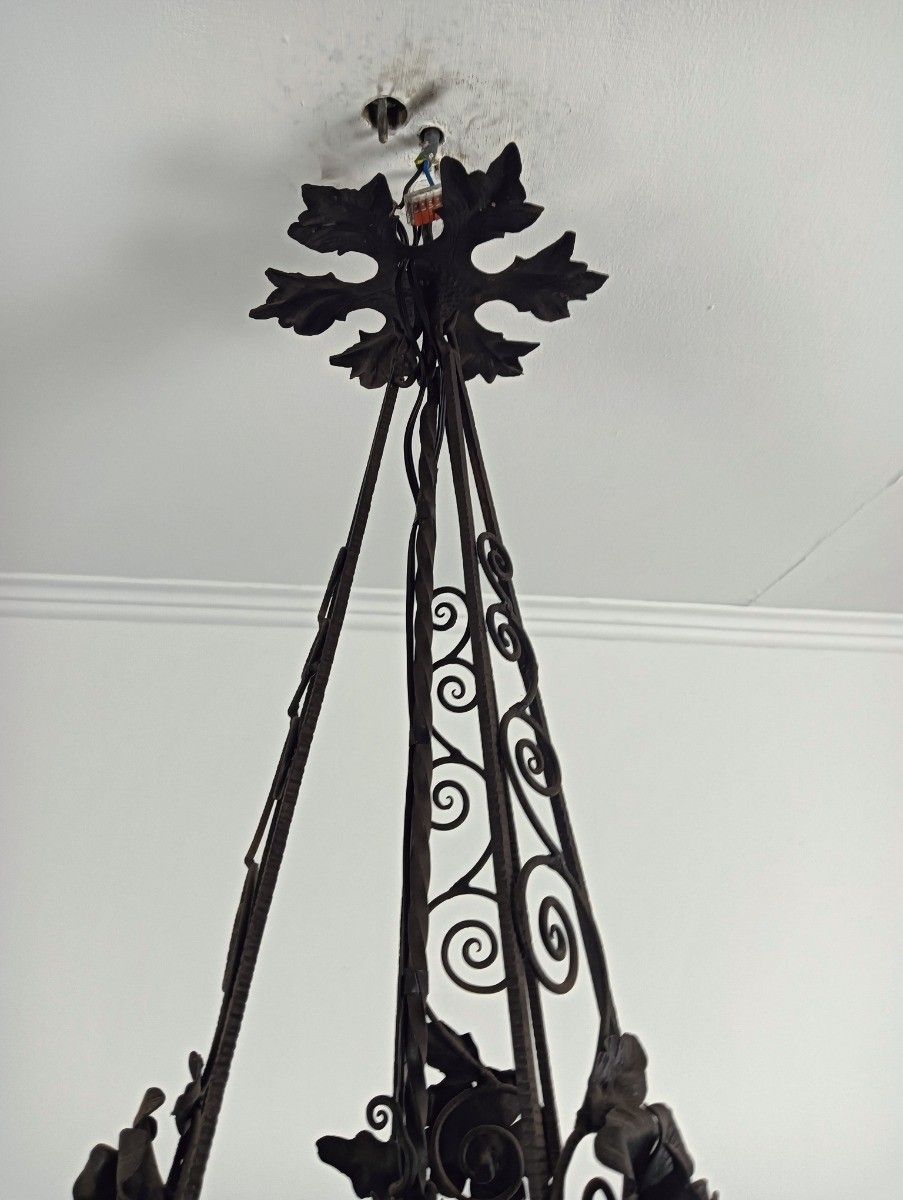 Large Wrought Iron Pate De Verre Shade 3 Arm 4 Lights Exquisite Antique Art Deco photo buy