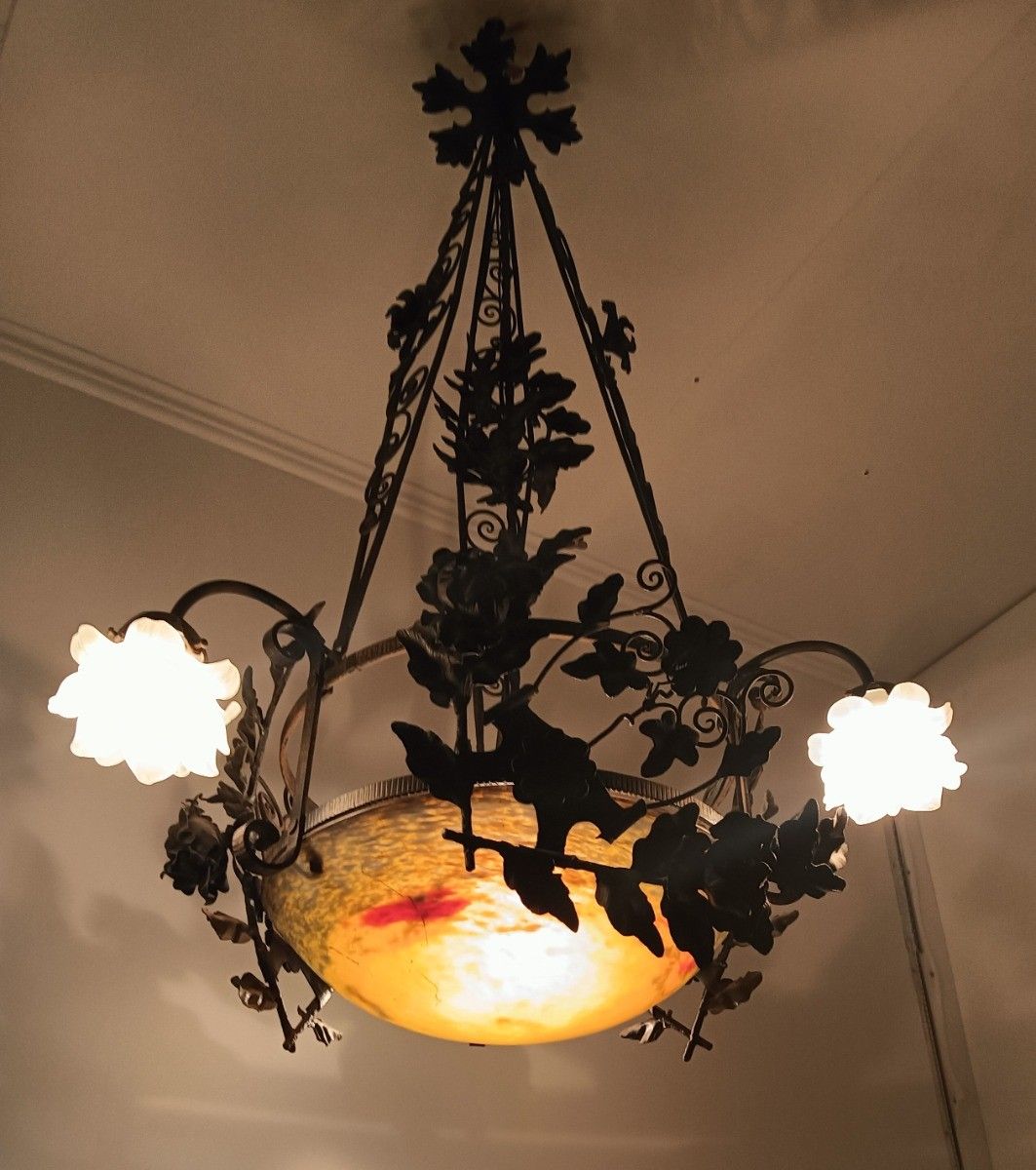 photo for sale Large Wrought Iron Pate De Verre Shade 3 Arm 4 Lights Exquisite Antique Art Deco