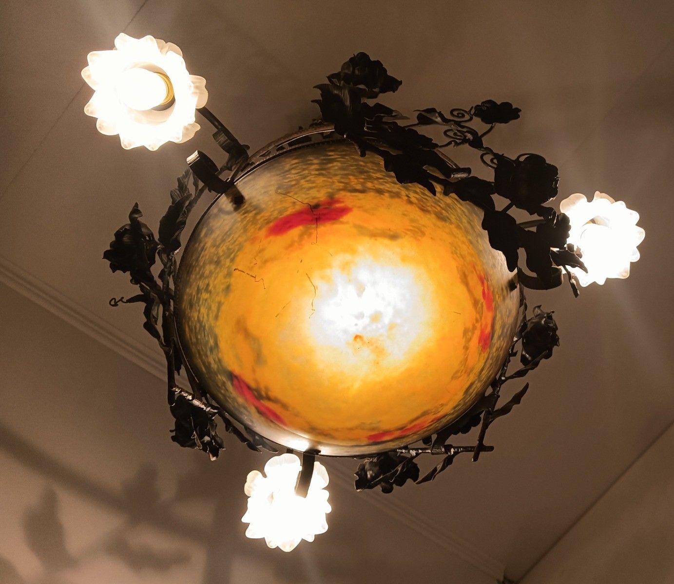 Lighting Large Wrought Iron Pate De Verre Shade 3 Arm 4 Lights Exquisite Antique Art Deco photo