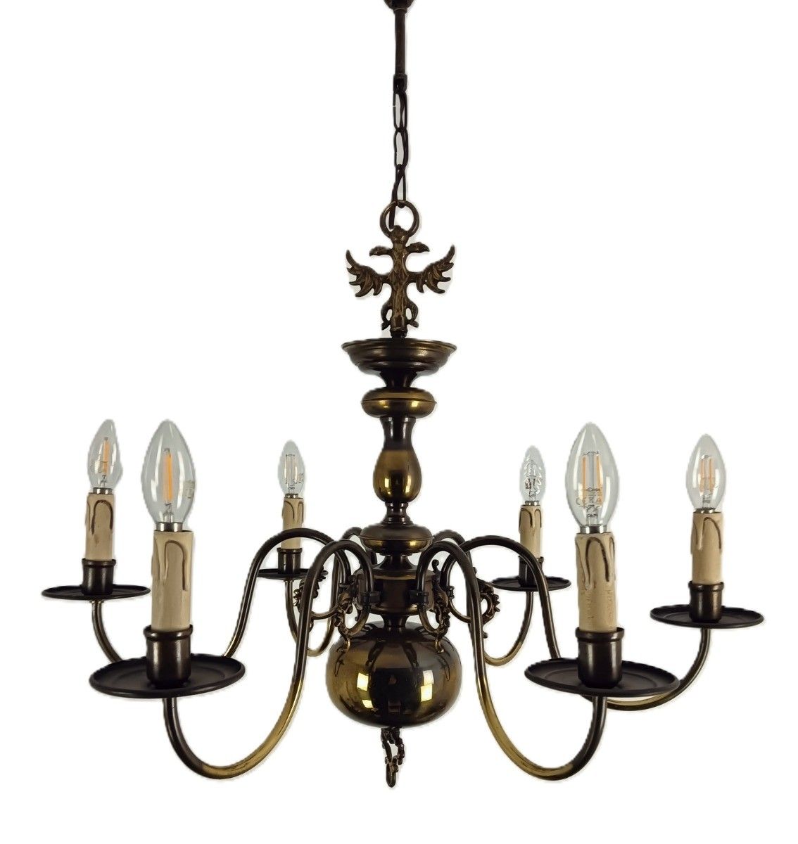 Flemish Dutch Chandelier 6 Arm Lights Brass Eagles Farm Countryhouse  Vintage