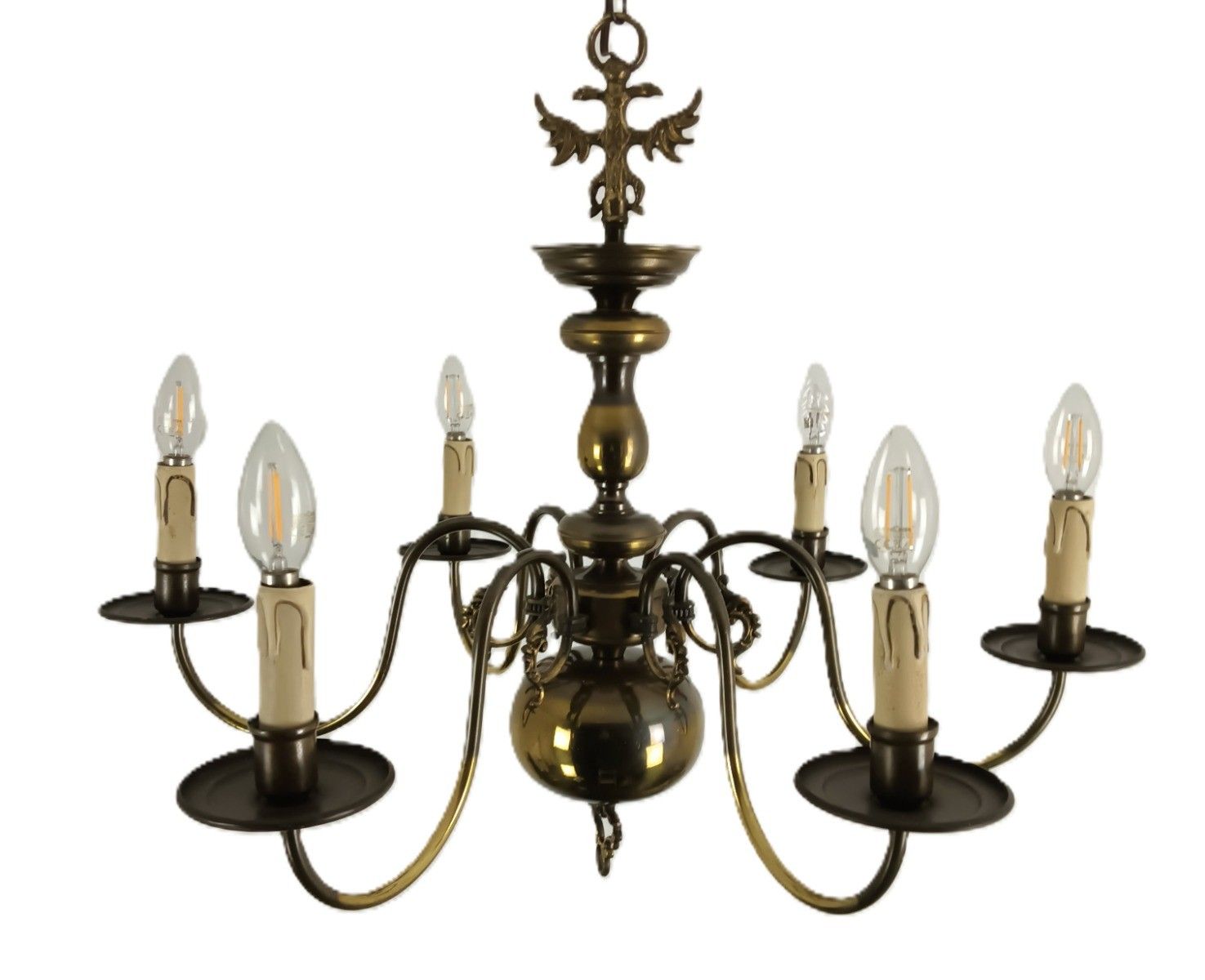 Flemish Dutch Chandelier 6 Arm Lights Brass Eagles Farm Countryhouse  Vintage photo for sale