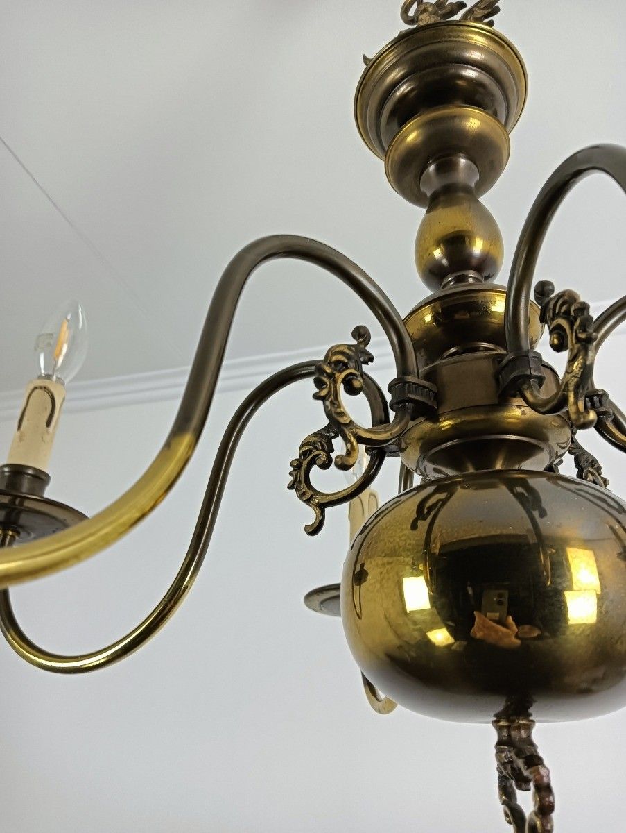 Flemish Dutch Chandelier 6 Arm Lights Brass Eagles Farm Countryhouse  Vintage photo buy
