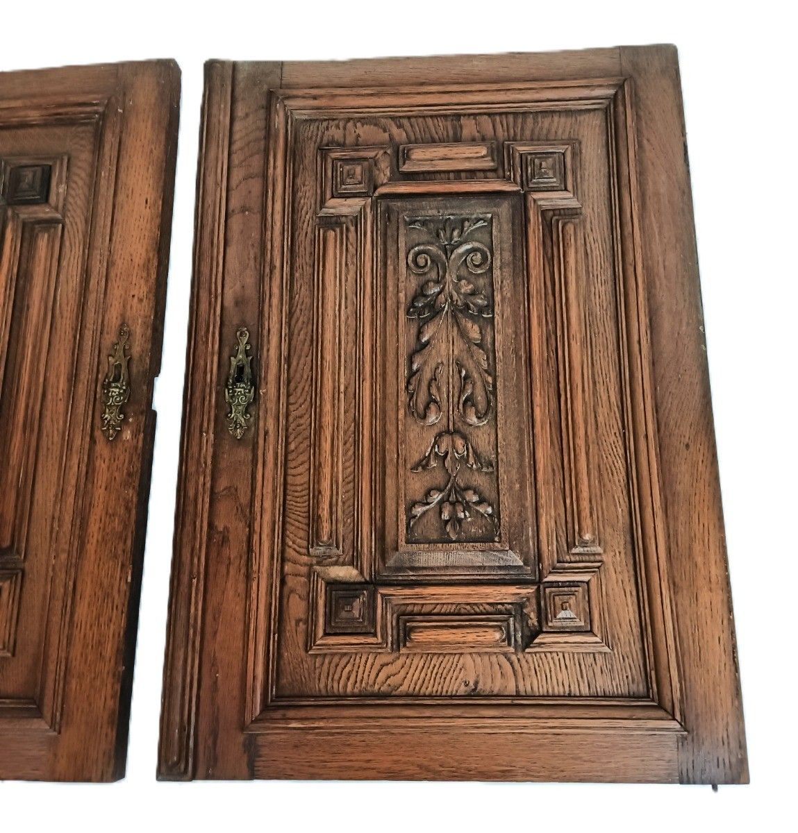 Pair Antique Door Panels Carved Wood  Architectural Reclaimed Salvaged Oak photo for sale