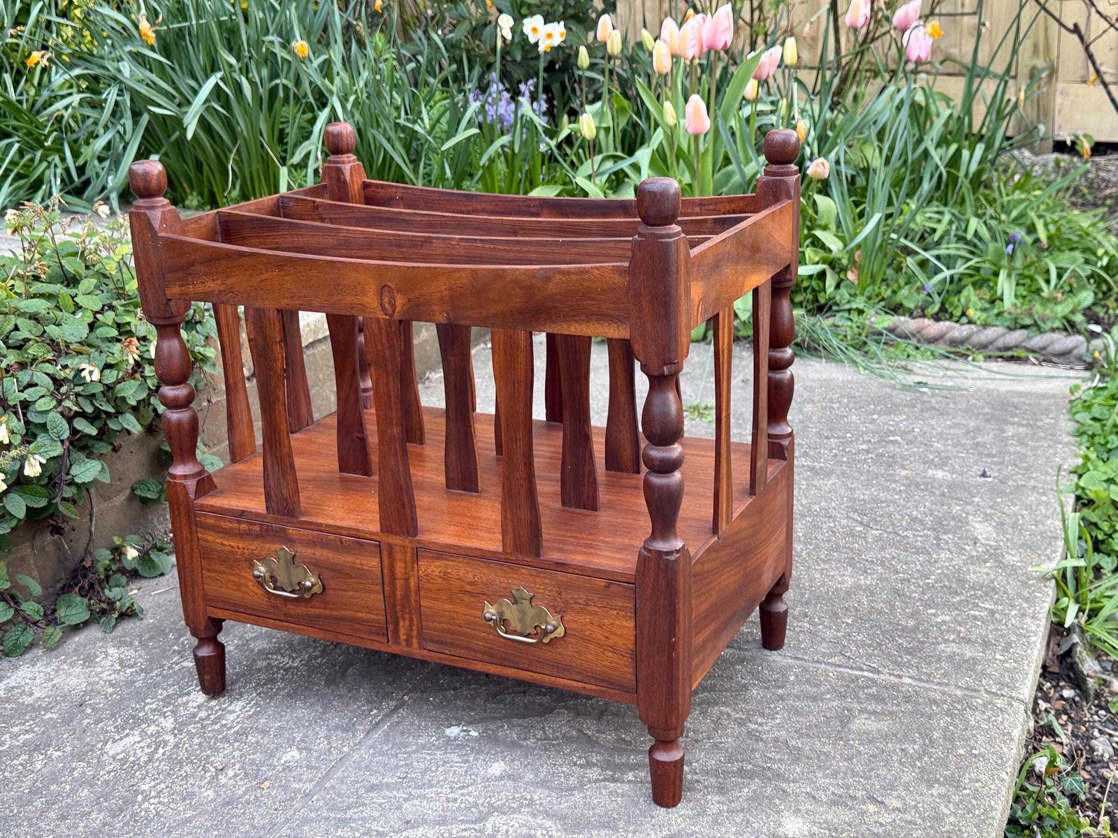Vintage Wooden Canterbury Magazine Rack With Drawers Turned Spindles Traditional Storage photo furniture