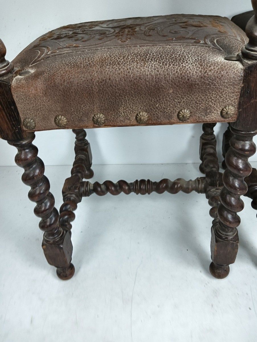 photo buy Set Of 2 Antique Gothic 1900s Chairs Barley Twist Wood Renaissance Dragons Leath