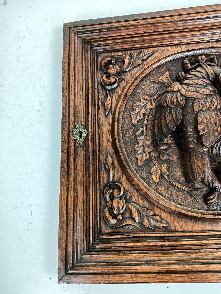 Antique Carved Wood Door Panel Cabinet Pediment Hunt Rabbit Bird Pheasant Reclai photo for sale