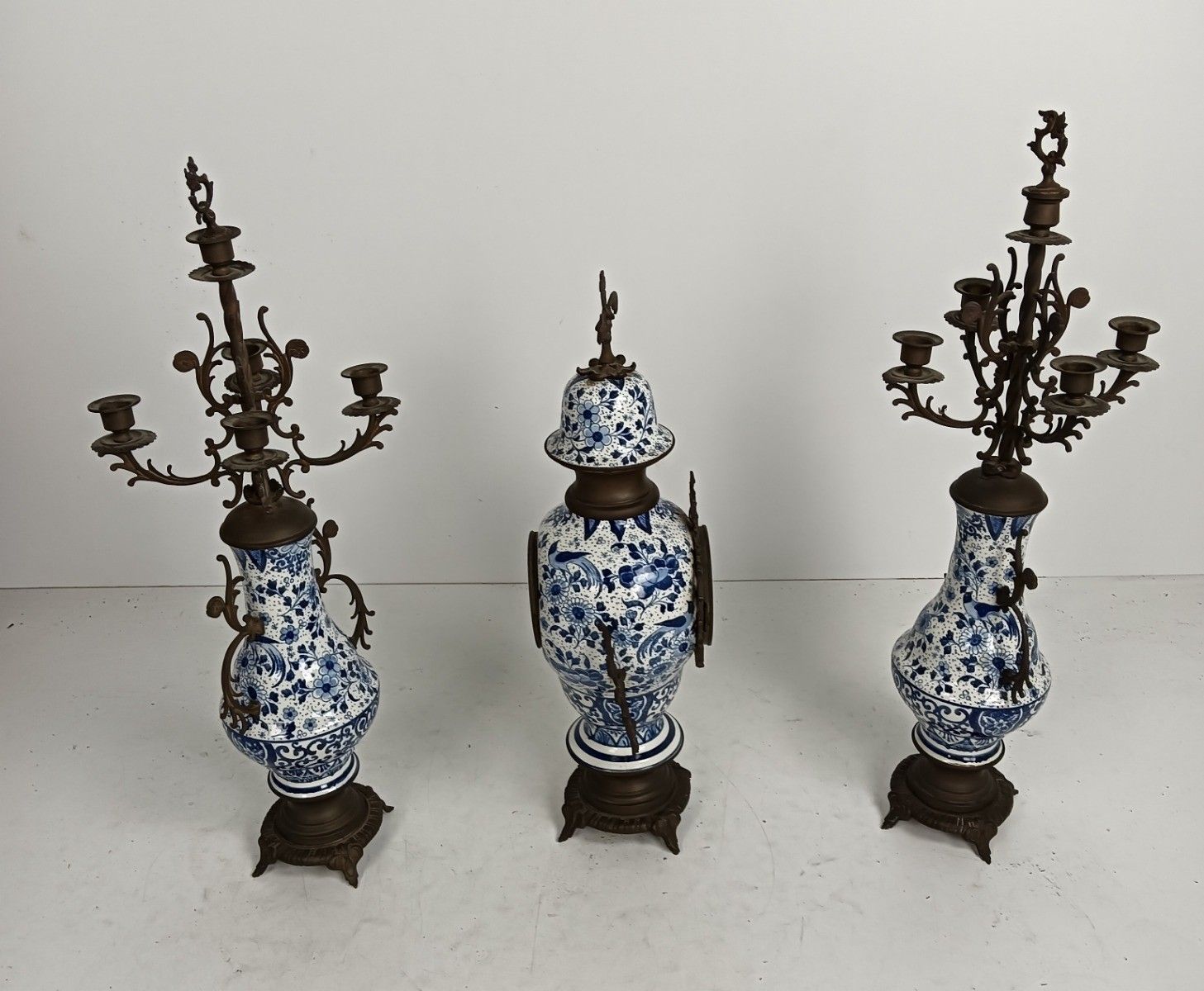 3 Piece Garniture Mantle Set Clock With Couple Candelabras Delft Blue White Porc photo for sale