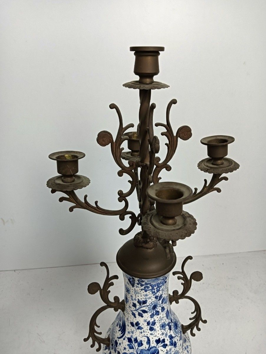 3 Piece Garniture Mantle Set Clock With Couple Candelabras Delft Blue White Porc photo Home Decor