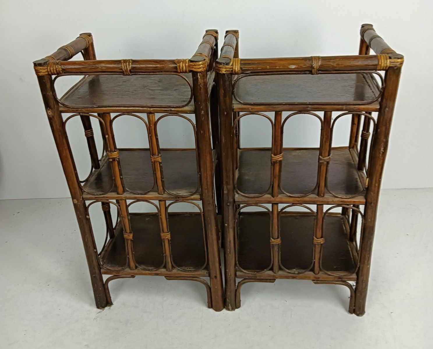 photo furniture Set Of 2 Bamboo Rattan Wooden Shelve Units Book Shelves Plant Stands Vintage Jap