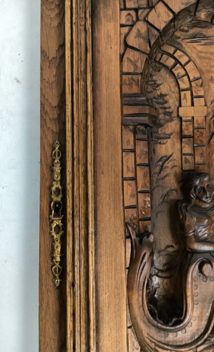 Antique Flemish Door Panel Carved Wood Wow Female Warrior Horses Reclaimed Archi photo for sale