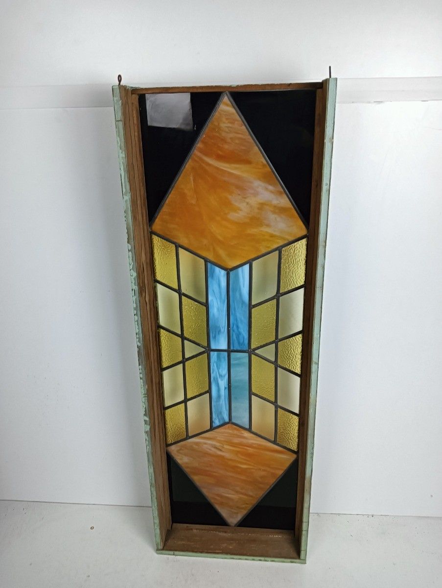 Xl Large Art Deco Antique Leaded Glass Framed Wood Geometric photo vinterior