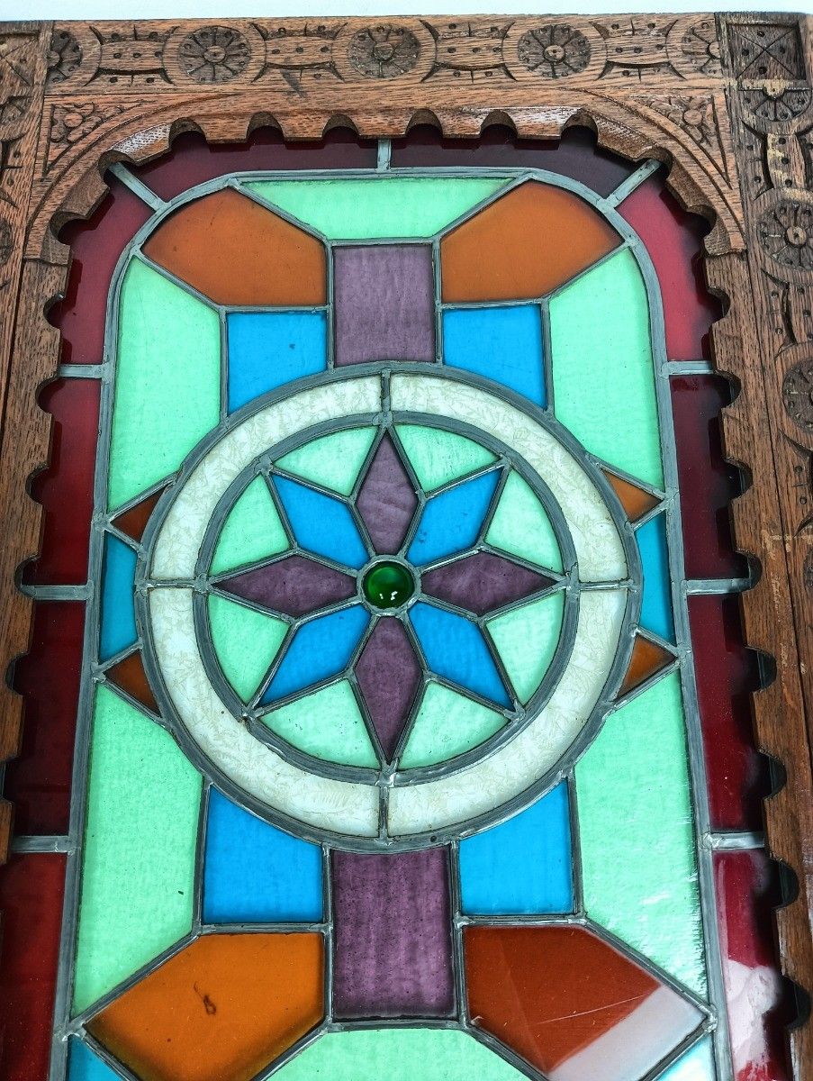 Pair Antique Wooden Leaded Glass Star Door Panels  Salvaged Reclaimed Architectu photo vinterior