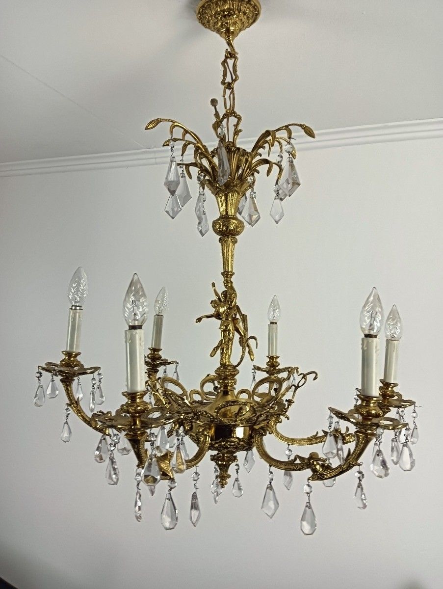 Ornate Large Chandelier Vintage Dancer Brass Crystal Prisms 6 Arm Gorgeous photo for sale