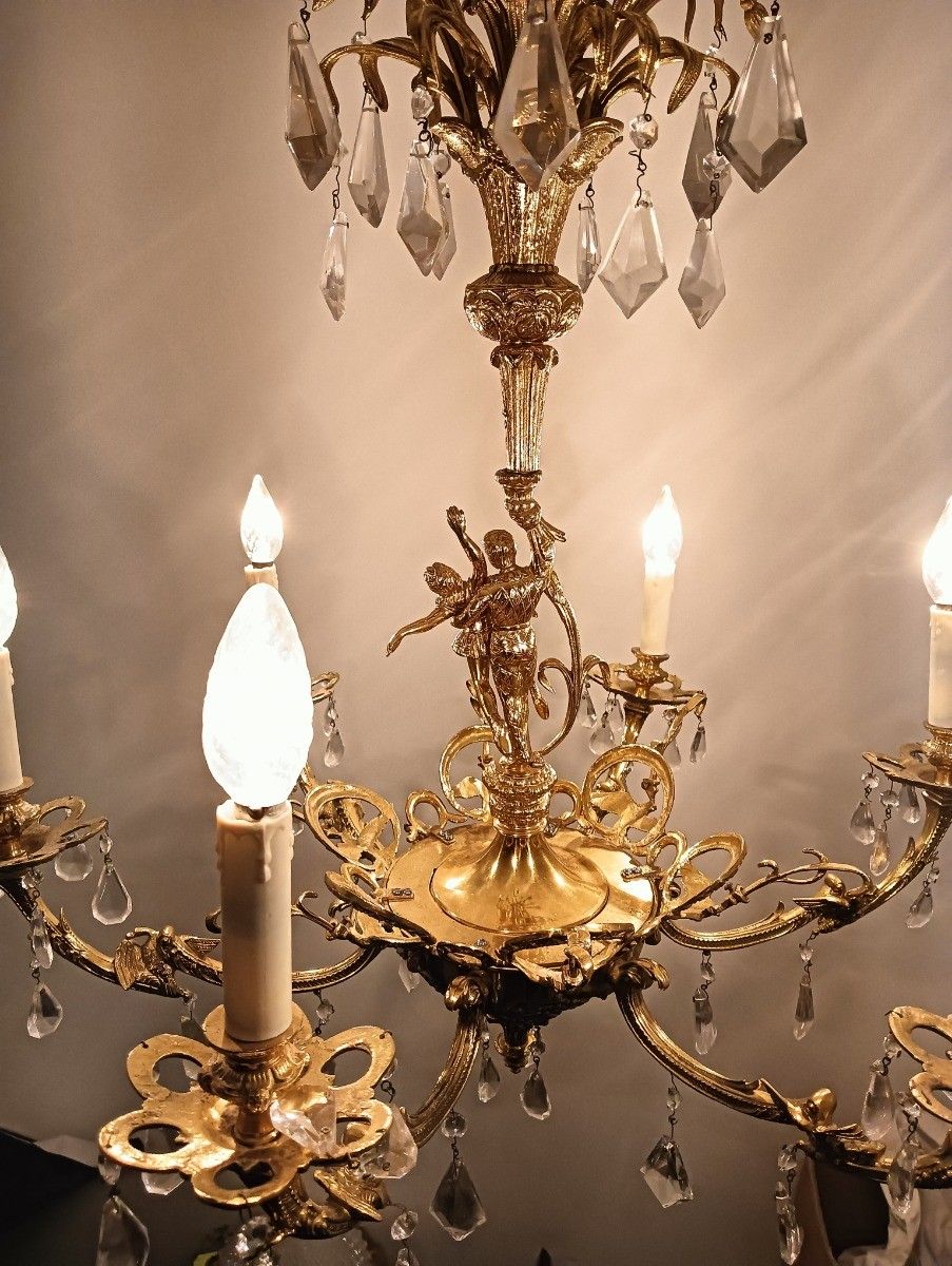 1526.0 Ornate Large Chandelier Vintage Dancer Brass Crystal Prisms 6 Arm Gorgeous photo