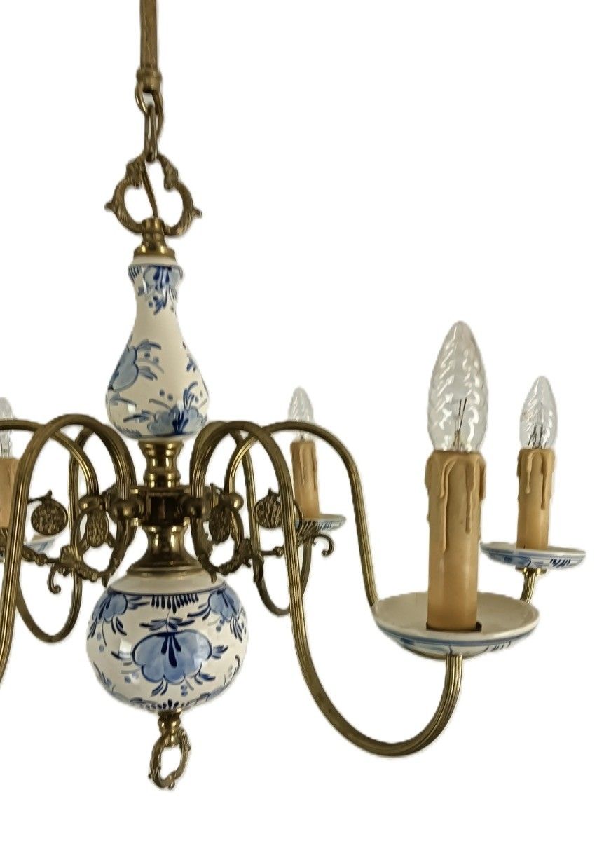 Delft Chandelier Blue White 6 Arm 6 Lights Modernist Vintage Porcelain Brass photo furniture